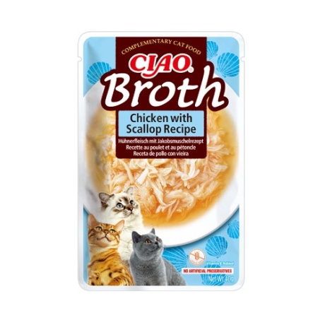 Churu Ciao Broth Kana ja Kammkarp puljong rebitud lihaga kassile 40g